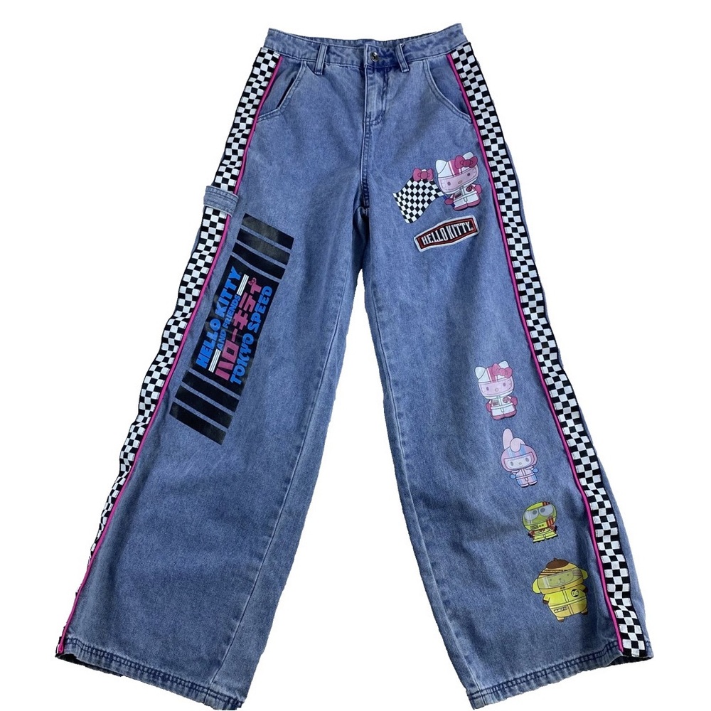 Hello Kitty Tokyo Speed Denim Pants w/ Checkered Trim & Belt, NWT